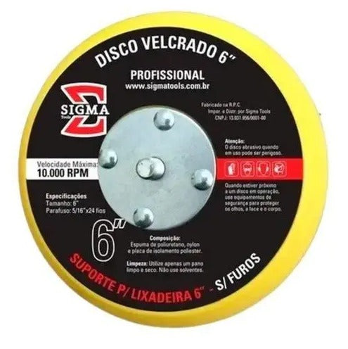 SUPORTE PARA LIXADEIRA DISCO VELCRADO 6 POLEGADAS SEM FUROS SIGMA TOOLS
