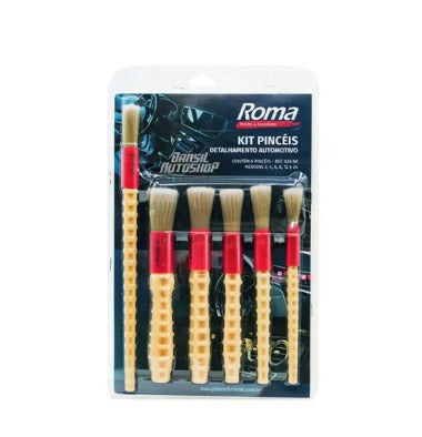 KIT DE PINCEIS CERDAS NATURAIS PARA DETALHAMENTO AUTOMOTIVO COM 6 UNIDADES ROMA