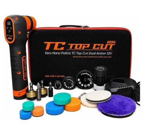 NANO POLITRIZ ROTATIVA E ROTO ORBITAL TC TOP CUT DUAL ACTION 12V 8MM E 12MM + KIT DE BOINA DE ESPUMA E HIBRIDA KERS