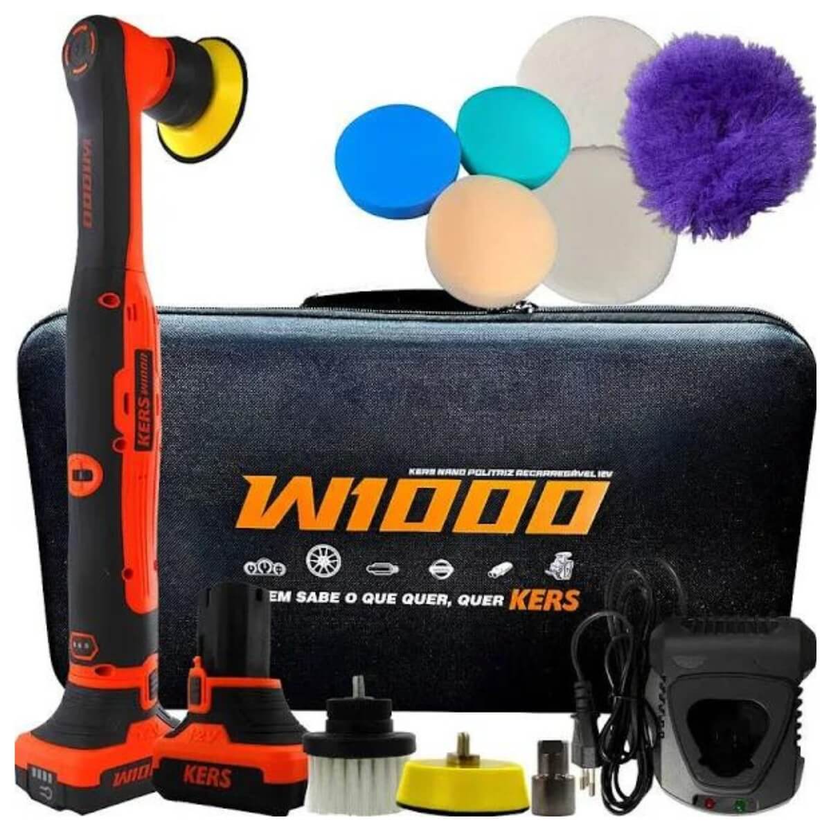 NANO POLITRIZ RECARREGAVEL ROTATIVA E ROTO ORBITAL W1000 12V + KIT DE BOINA DE ESPUMA E HIBRIDA KERS